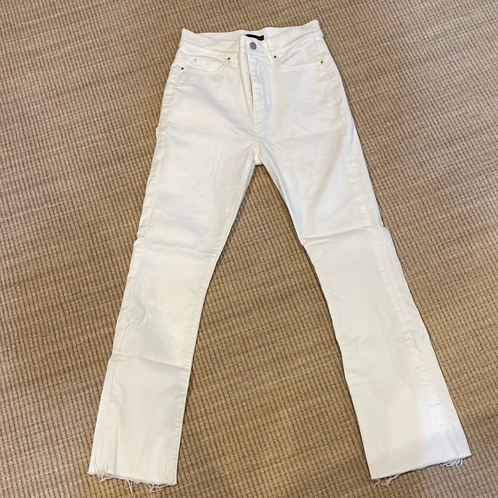 Ann Taylor The Boot Crop Denim White Jeans high waist frayed hem stretch size 0